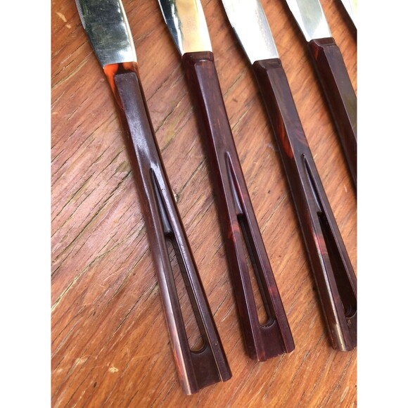 Stanhome Bakelite Kitchen Table Knives Stainless Steel Set of 6 Vintage - Picture 2 of 9
